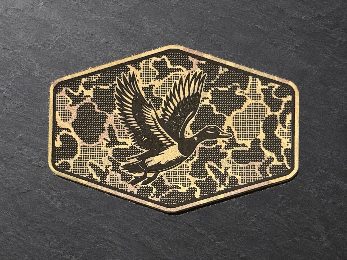 Duck and camo patch, hexagonal engraved patch