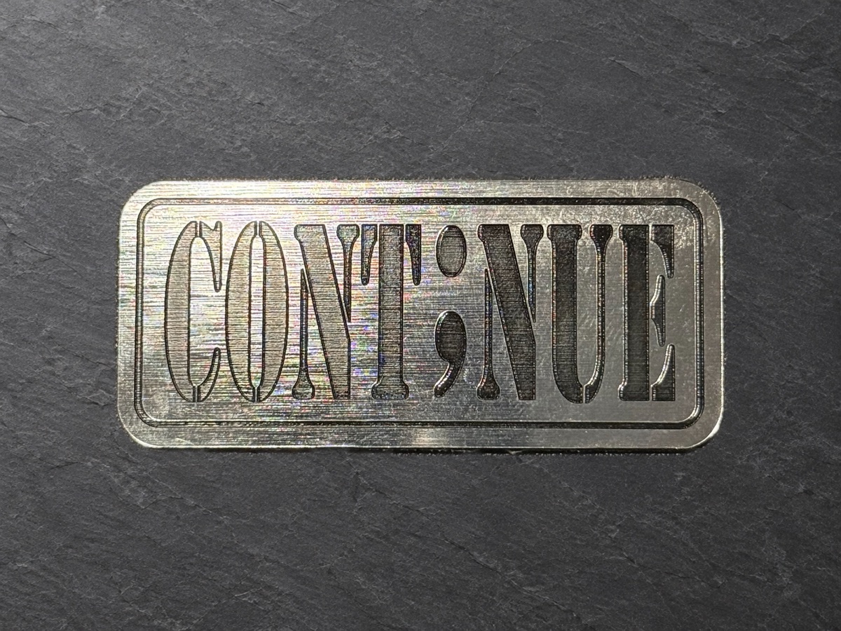 Continue patch, silver rectangular patch