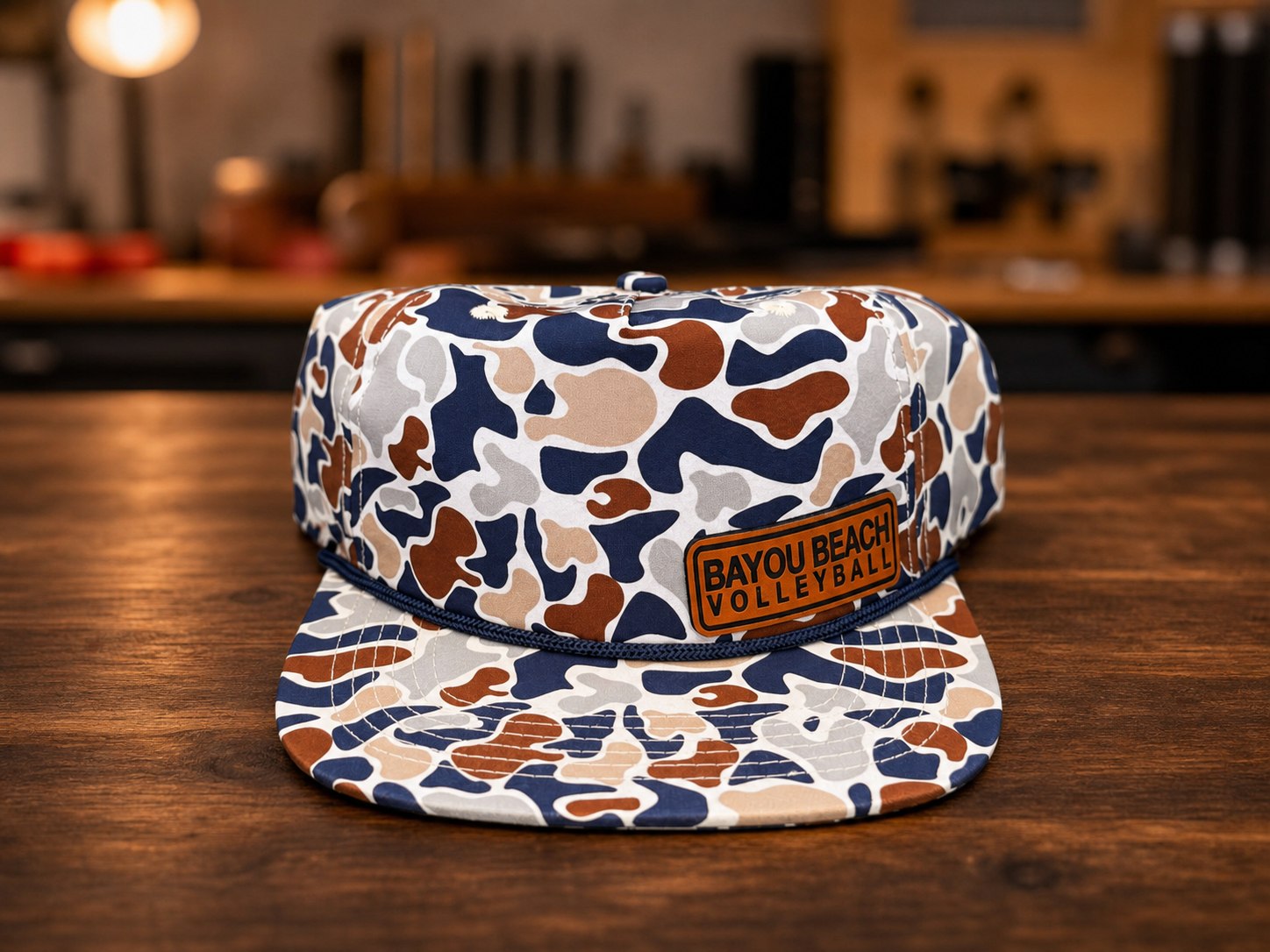 Camouflage rope hat with an engraved Bayou Beach Volleyball patch.